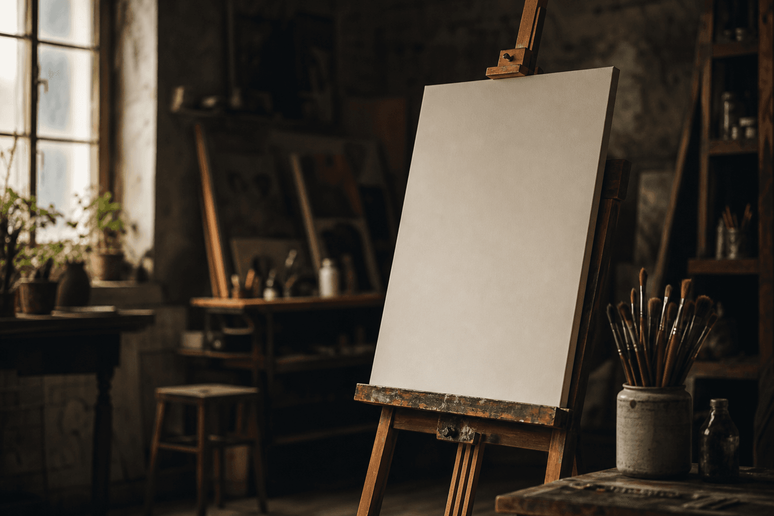 Decorative placeholder: art studio with easel and brushes behind audience copy.