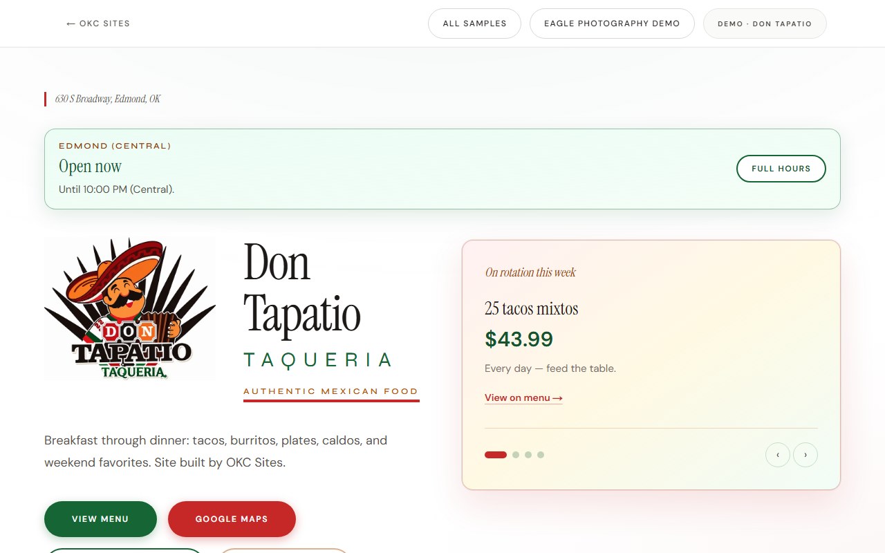 Don Tapatio Taqueria homepage: brand block, hours, and menu.