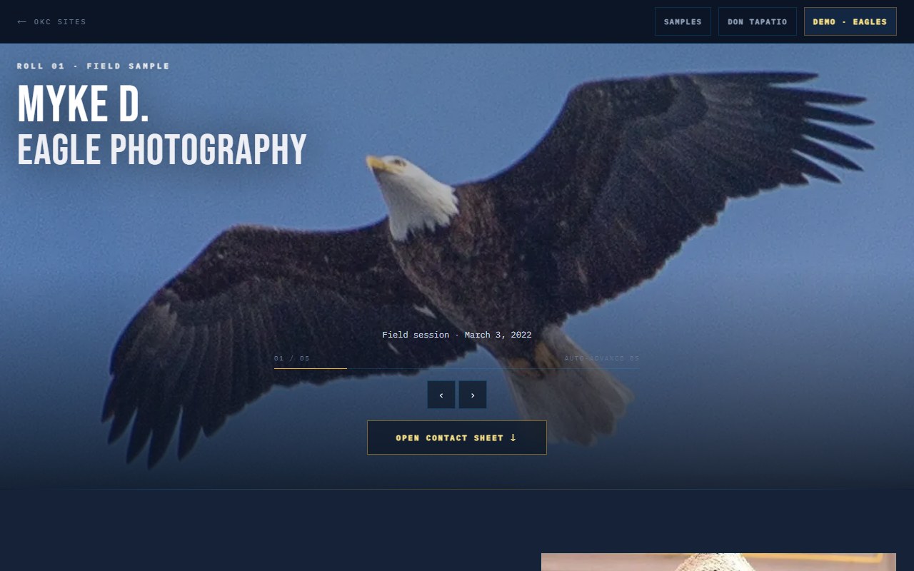Photography portfolio homepage: river hero image, headline, and gallery strip.