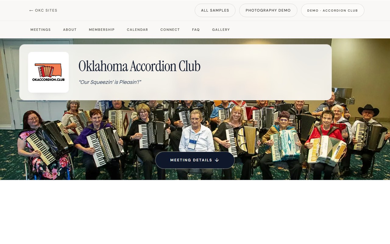 Oklahoma Accordion Club homepage: hero, meeting card, and calendar.
