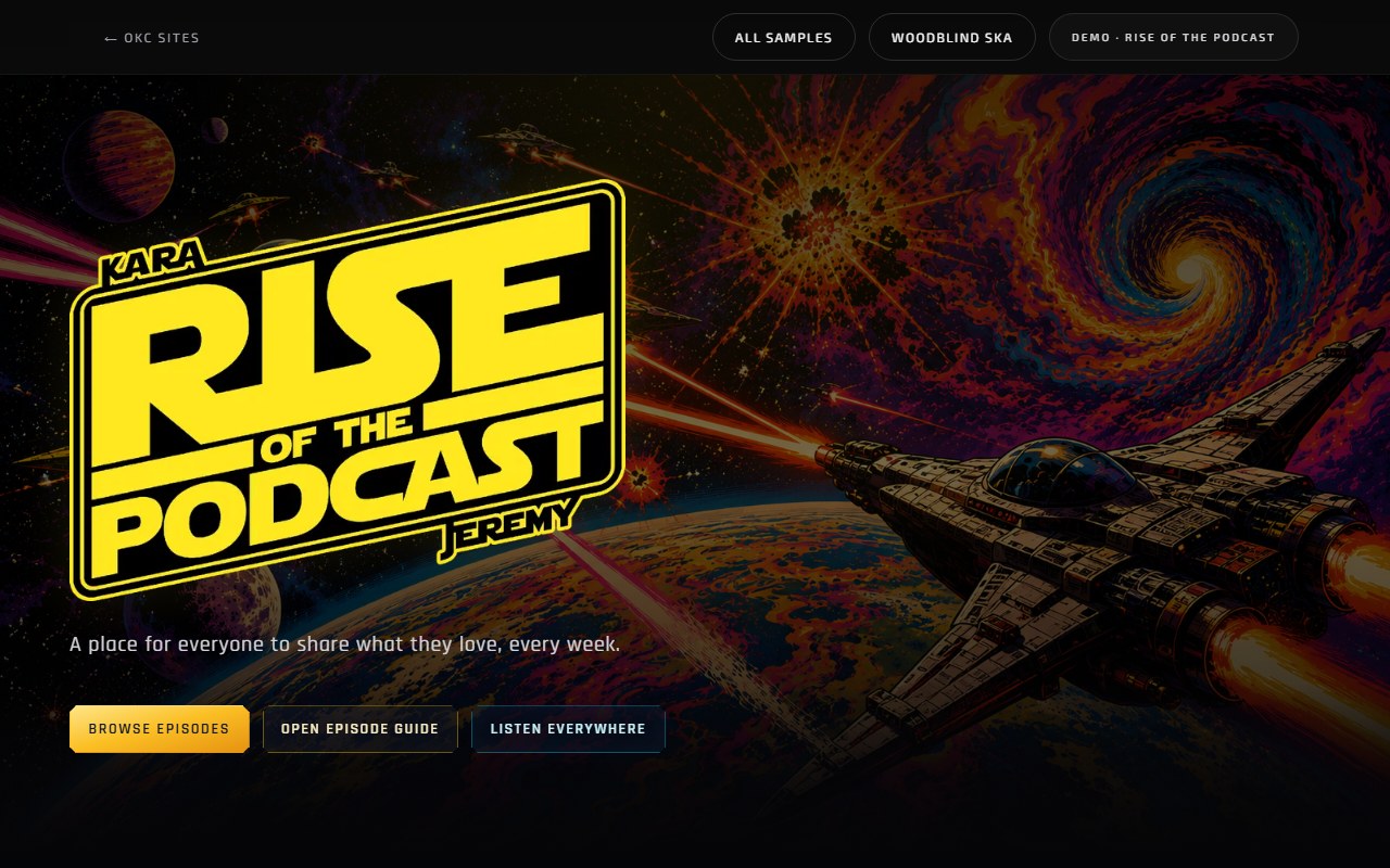 Rise of the Podcast homepage: modern hero and featured episodes.