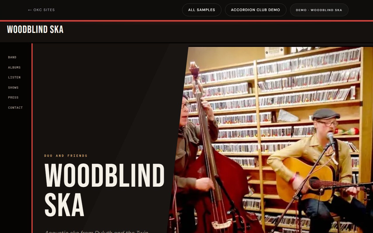 Woodblind Ska homepage: dark hero, listen and shows sections.